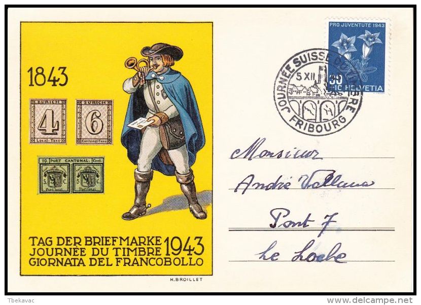 Switzerland 1943, Illustarted Card "Stamp Day" W./ Postmark Fribourg - Briefe U. Dokumente