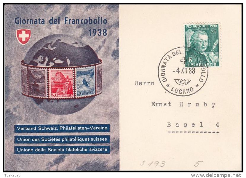 Switzerland 1938, Illustarted Card "Stamp Day" W./ Postmark Lugano - Lettres & Documents