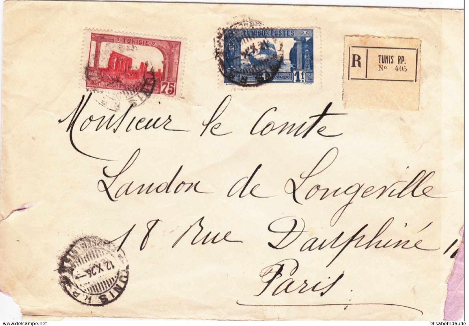 TUNISIE - 1926 - ENVELOPPE RECOMMANDEE De TUNIS Pour PARIS - Storia Postale