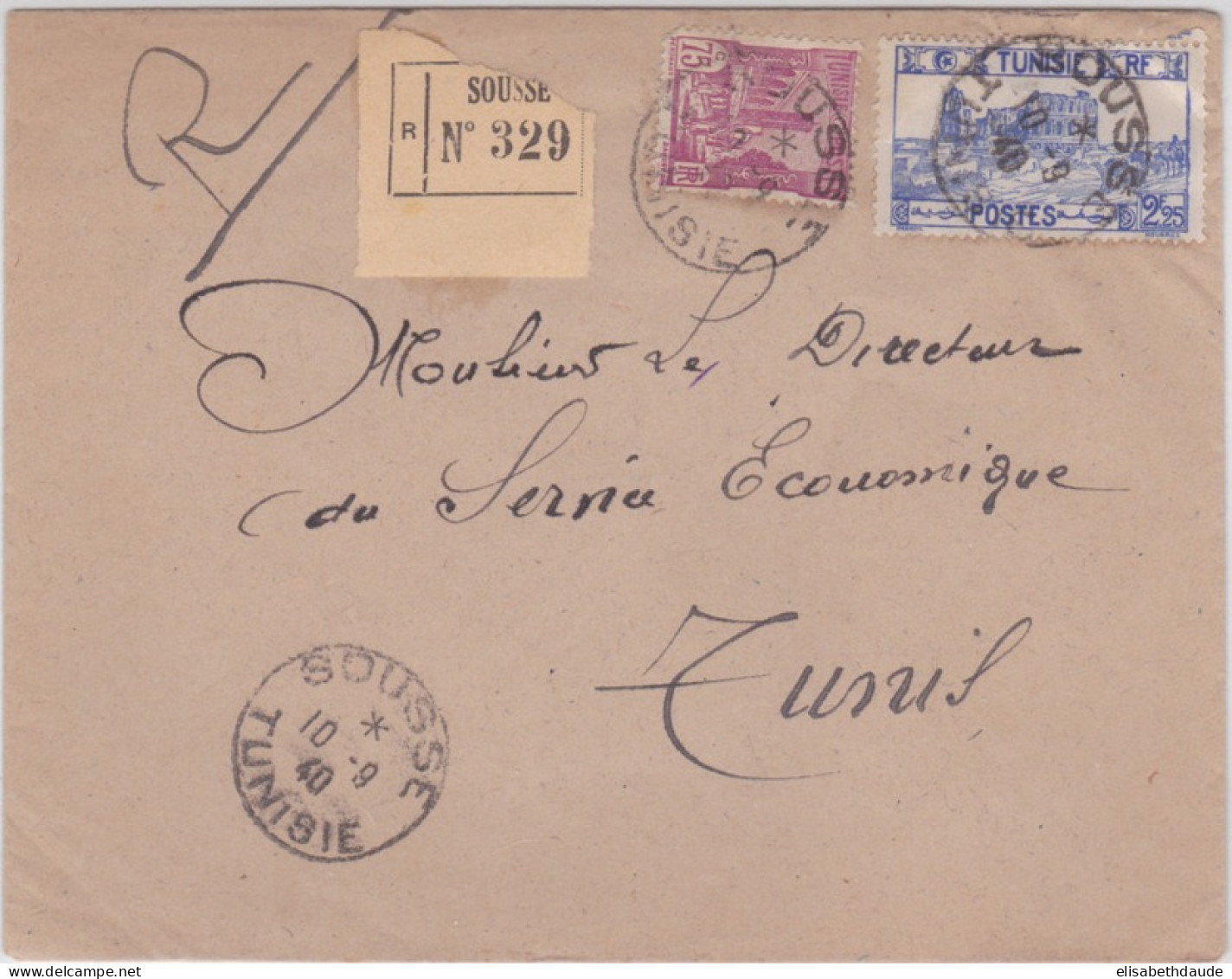 TUNISIE - 1940 - ENVELOPPE RECOMMANDEE De SOUSSE Pour TUNIS - Briefe U. Dokumente