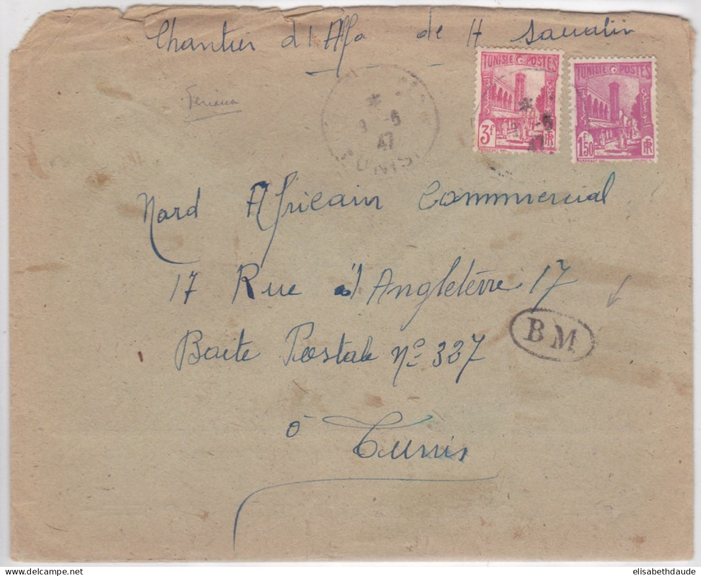 TUNISIE - 1947 - ENVELOPPE REUTILISEE Du CHANTIER D'ALFA (FERIANA) Pour TUNIS Avec BOITE MOBILE - ENSEMBLE RARE - Briefe U. Dokumente