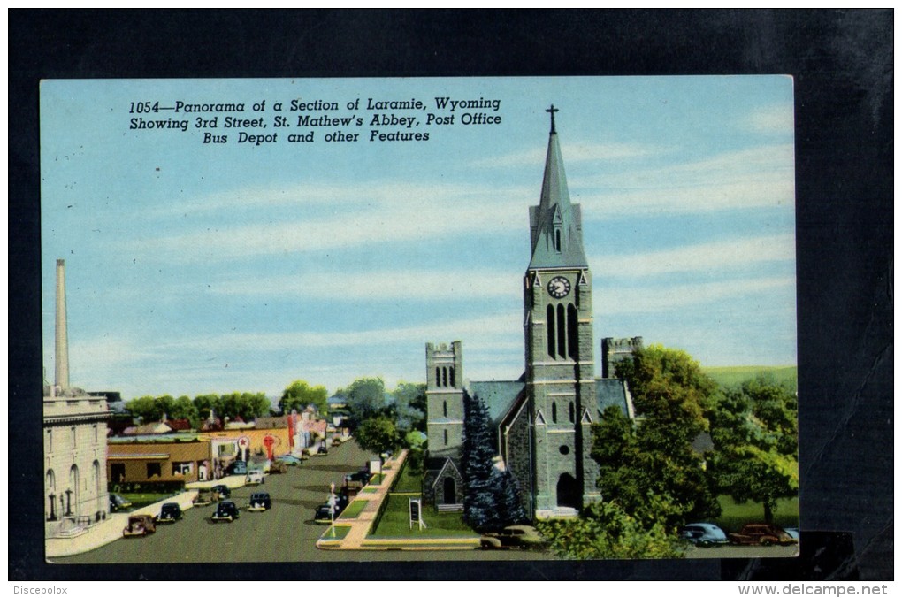 F777 Panorama Of A Section Of Laramie, Wyoming - Showing 3rd Street, St. MNathew Abbey, Post Office,  Auto Car Voitures - Laramie