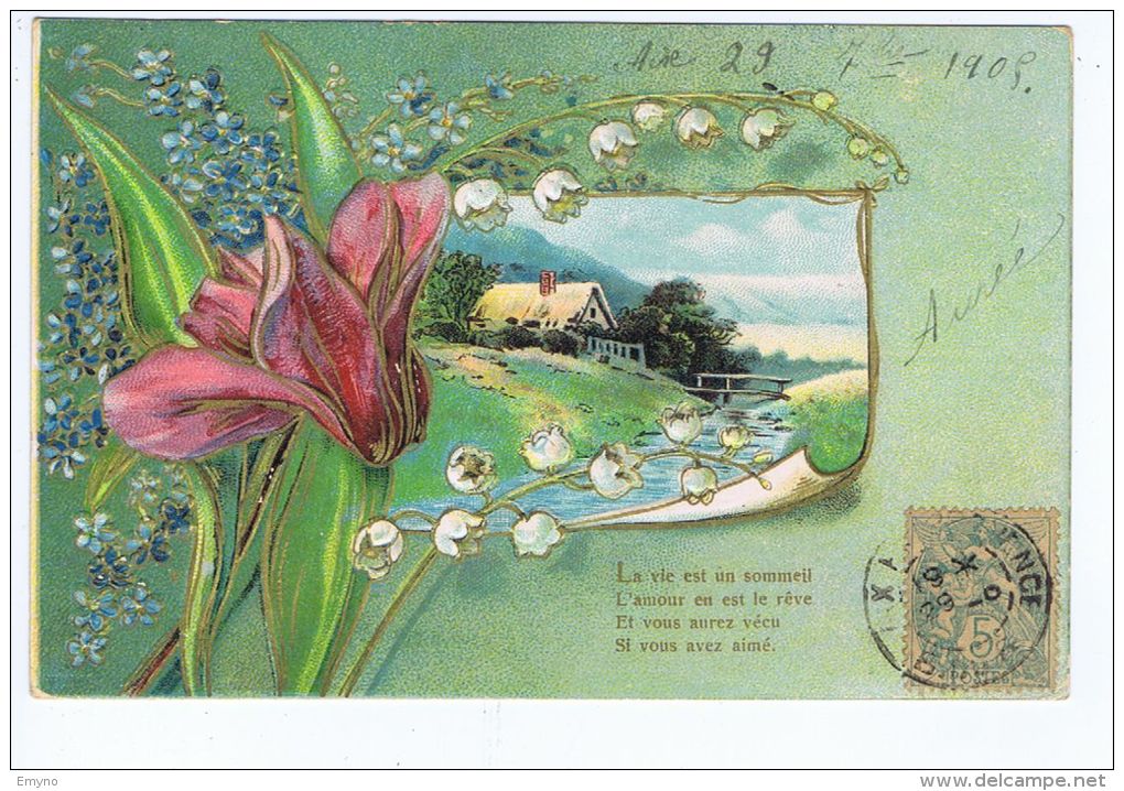 Brins De Muguet Et Paysage En Médaillon, , Gaufrée , Embossed - Autres & Non Classés