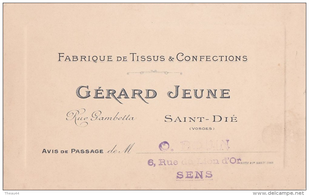 ¤¤  -  SAINT-DIE  -  CDV De La Fabrique De Tissus & Confection " Gérard JEUNE " Rue Gambetta  - Voir Description  -  ¤¤ - Cartoncini Da Visita