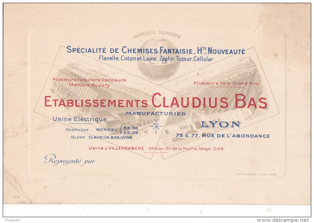 LYON   -  CDV Des Etablissements Claudius BAS , 75 & 77 Rue L'Abondance  -  Chemises Fantaisie  -  Voir Description - Cartes De Visite