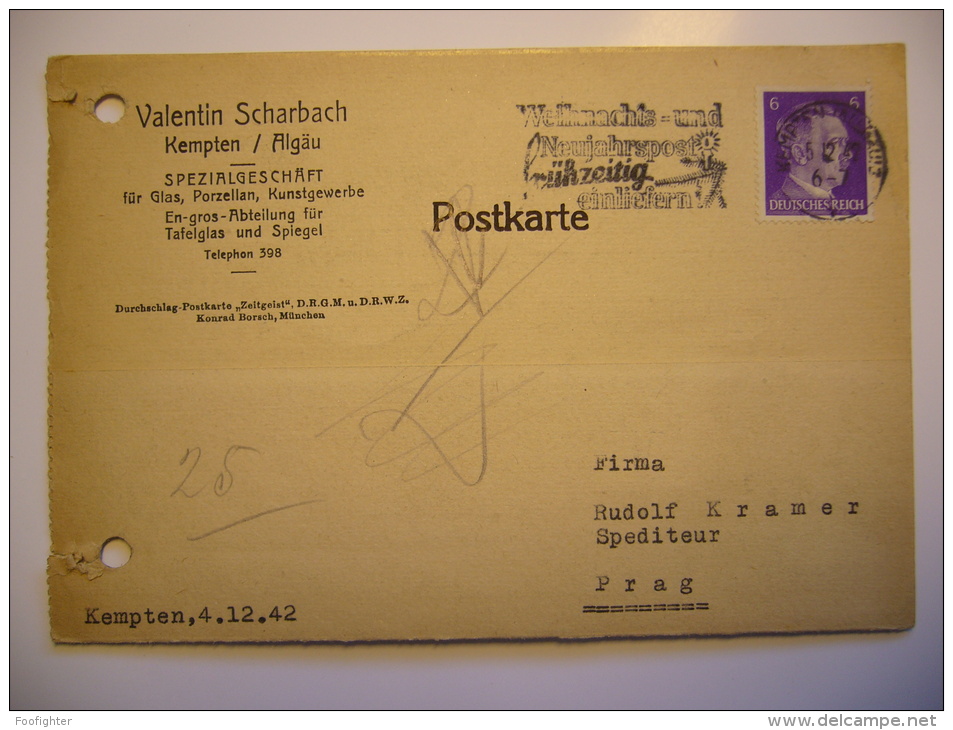 DR 1942 - Postkarte Firma Valentin Scharbach Kempten / Algäu - Spezialgeschäft (nach Prag - Protektorat B. U. M.) - Cartas & Documentos