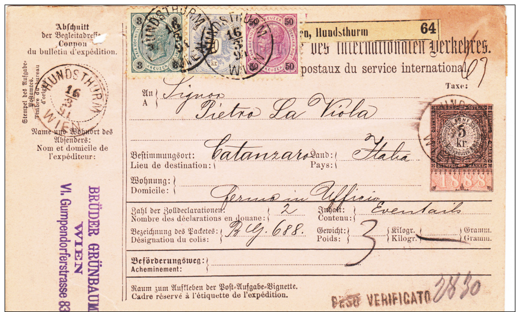 Osterreich Paketkarte 1888 //// 1883 / 1890  3 Kr / 10 Kr / 50 Kr  Wien " Bruder Grunbaum " - Briefe U. Dokumente