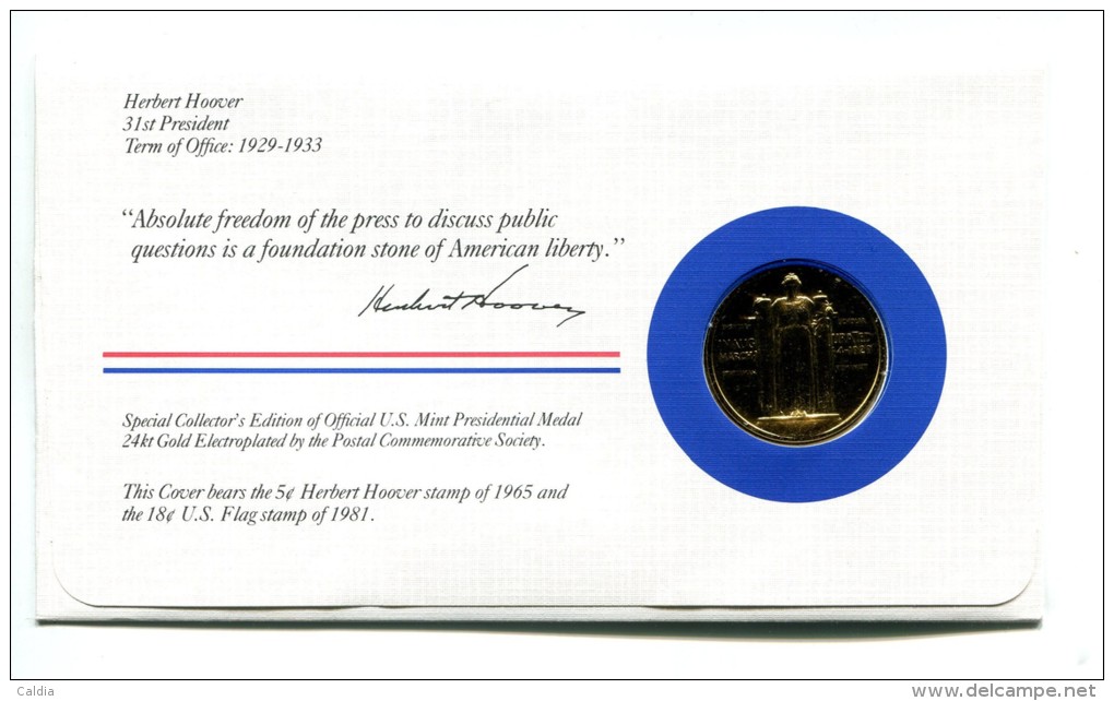 Etats - Unis USA " Presidents Of United States" Gold Plated Medal "" Herbert Hoover "" FDC / BU / UNC - Collections