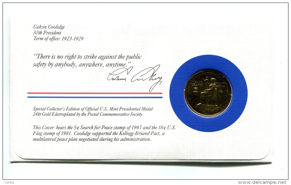 Etats - Unis USA " Presidents Of United States" Gold Plated Medal "" Calvin Coolidge "" FDC / BU / UNC - Collections