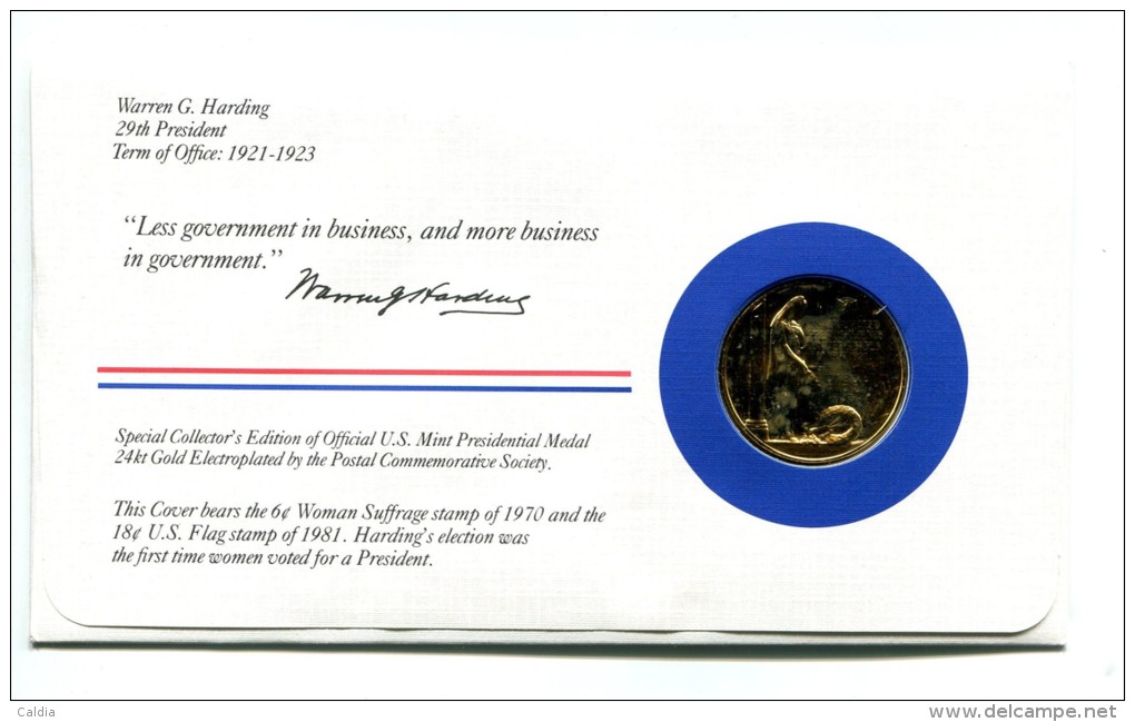 Etats - Unis USA " Presidents Of United States" Gold Plated Medal "" Warren G. Harding "" FDC / BU / UNC - Verzamelingen