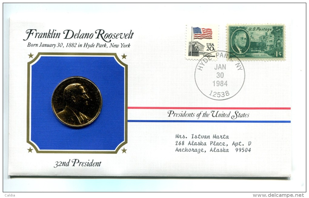 Etats - Unis USA " Presidents Of United States" Gold Plated Medal "" Franklin Delano Roosevelt "" FDC / BU / UNC - Collections