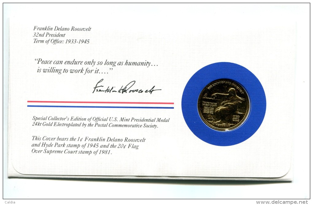 Etats - Unis USA " Presidents Of United States" Gold Plated Medal "" Franklin Delano Roosevelt "" FDC / BU / UNC - Collections