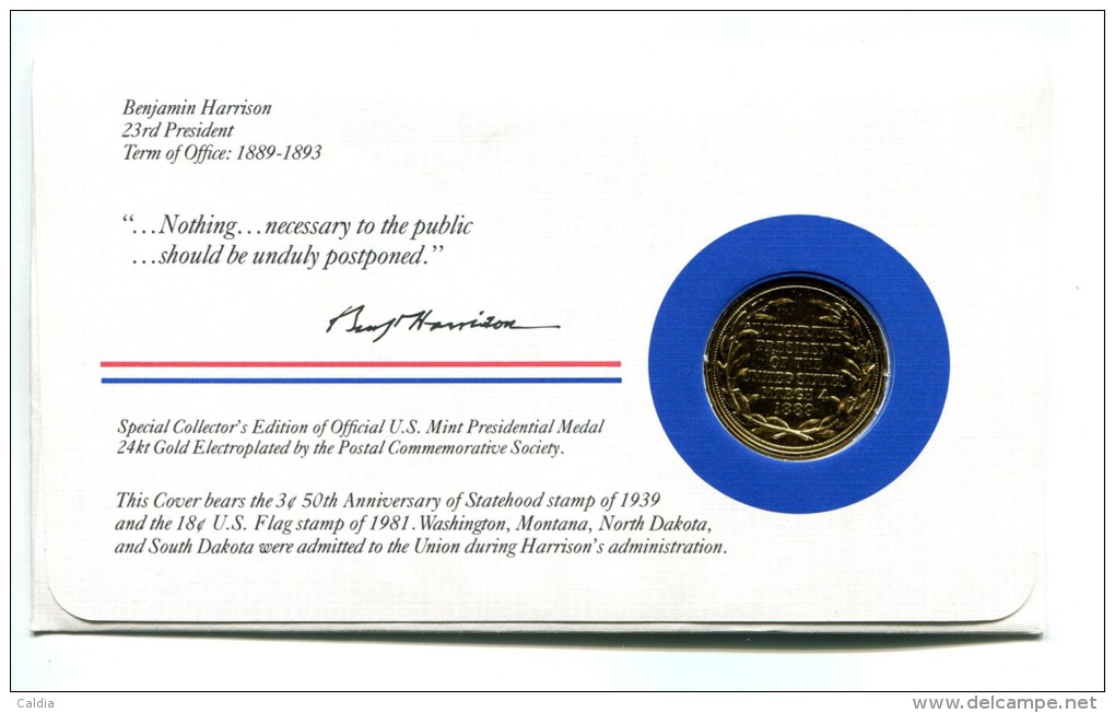 Etats - Unis USA " Presidents Of United States" Gold Plated Medal "" Benjamin Harrison "" FDC / BU / UNC - Verzamelingen