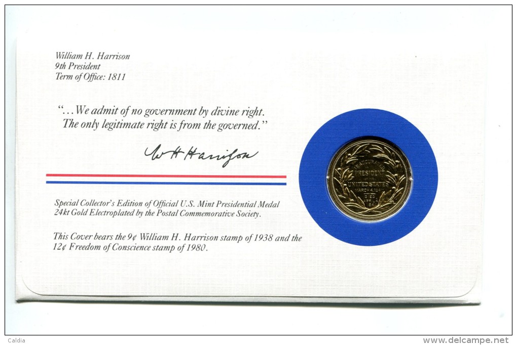 Etats - Unis USA " Presidents Of United States" Gold Plated Medal "" William H. Harrison "" FDC / BU / UNC - Sammlungen