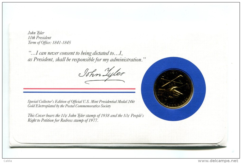 Etats - Unis USA " Presidents Of United States" Gold Plated Medal "" John Tyler "" FDC / BU / UNC - Sammlungen