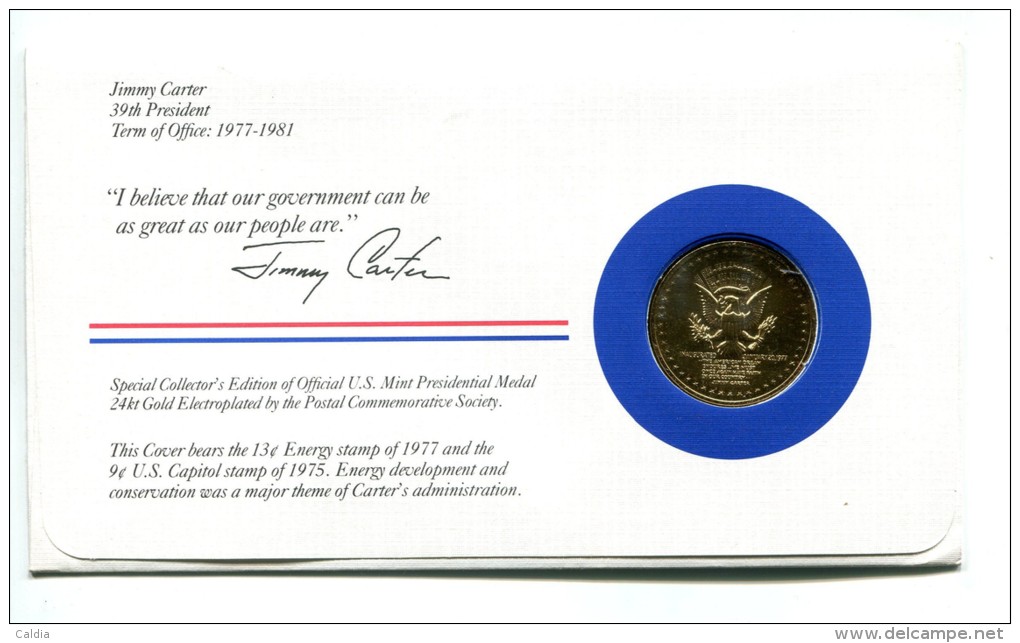 Etats - Unis USA " Presidents Of United States" Gold Plated Medal "" Jimmy Carter "" FDC / BU / UNC - Collections