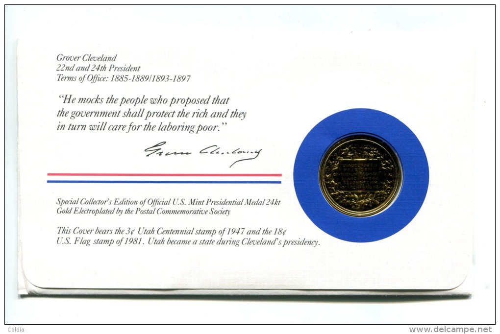 Etats - Unis USA " Presidents Of United States" Gold Plated Medal "" Grover Cleveland "" FDC / BU / UNC - Sammlungen