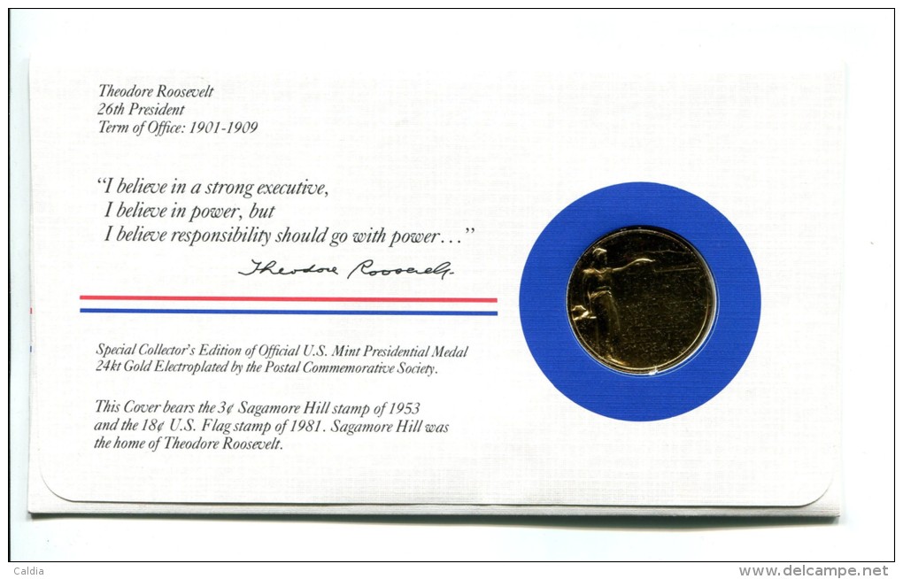 Etats - Unis USA " Presidents Of United States" Gold Plated Medal "" Theodore Roosevelt "" FDC / BU / UNC - Collections