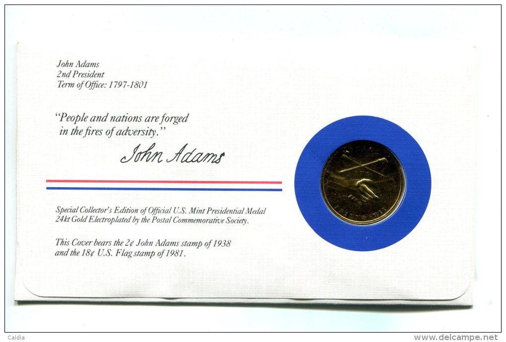 Etats - Unis USA " Presidents Of United States" Gold Plated Medal "" John Adams "" FDC / BU / UNC - Verzamelingen