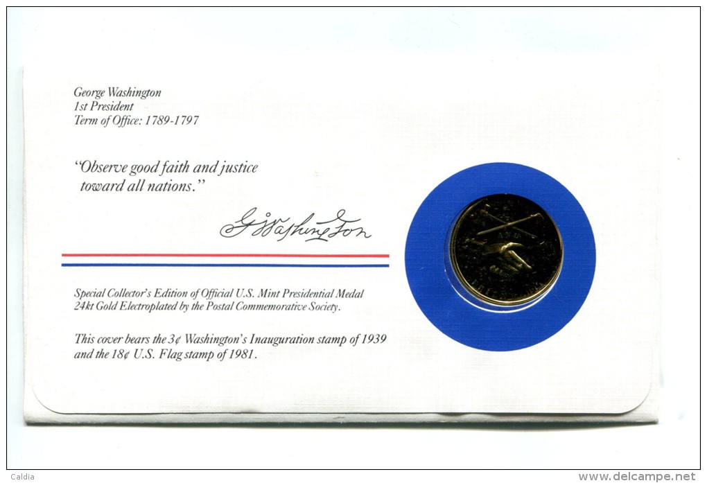 Etats - Unis USA " Presidents Of United States" Gold Plated Medal "" George Washington "" FDC / BU / UNC - Collections