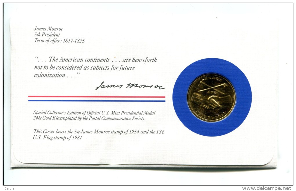 Etats - Unis USA " Presidents Of United States" Gold Plated Medal "" James Monroe "" FDC / BU / UNC - Verzamelingen