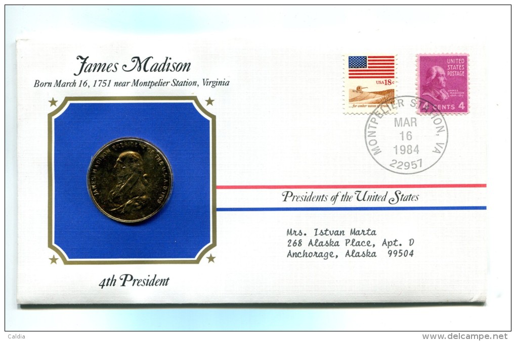 Etats - Unis USA " Presidents Of United States" Gold Plated Medal "" James Madison "" FDC / BU / UNC - Collections