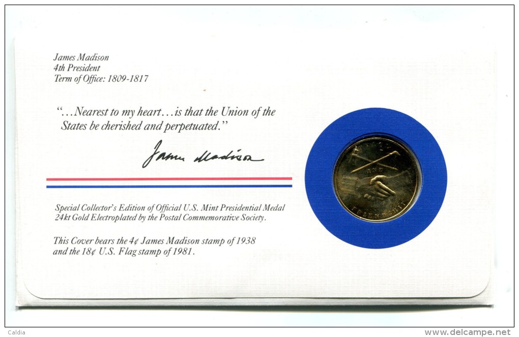 Etats - Unis USA " Presidents Of United States" Gold Plated Medal "" James Madison "" FDC / BU / UNC - Verzamelingen