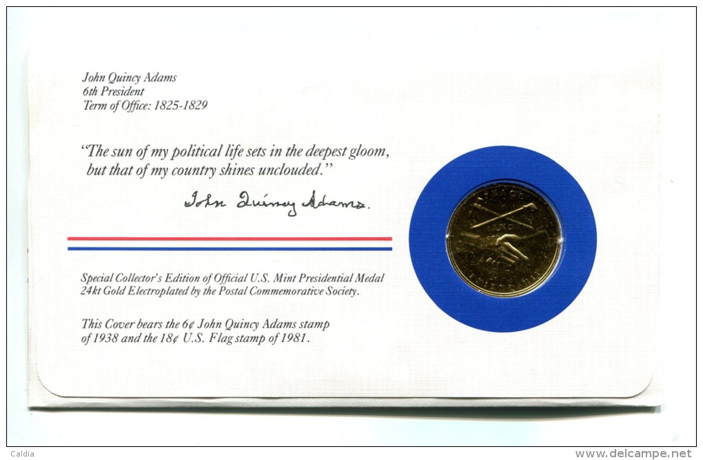 Etats - Unis USA " Presidents Of United States" Gold Plated Medal "" John Quincy Adams "" FDC / BU / UNC - Sammlungen