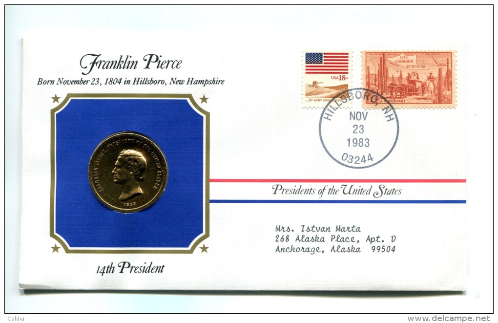 Etats - Unis USA " Presidents Of United States" Gold Plated Medal "" Franklin Pierce "" FDC / BU / UNC - Collections