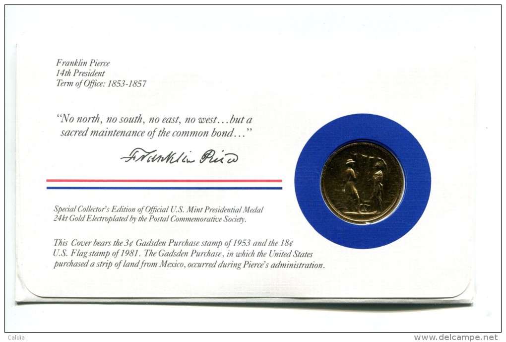 Etats - Unis USA " Presidents Of United States" Gold Plated Medal "" Franklin Pierce "" FDC / BU / UNC - Collezioni