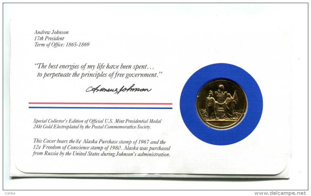 Etats - Unis USA " Presidents Of United States" Gold Plated Medal "" Andrew Johnson "" FDC / BU / UNC - Sammlungen