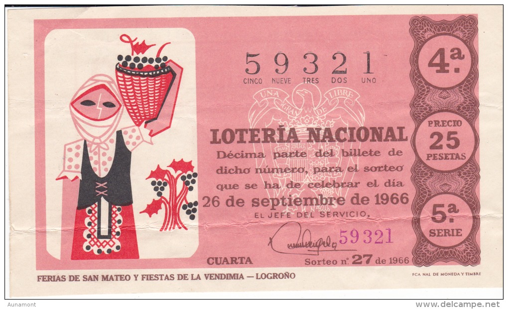 Billete De 1966 Ferias De San Mateo Y Fiestas De La Vendimia - Billetes De Lotería