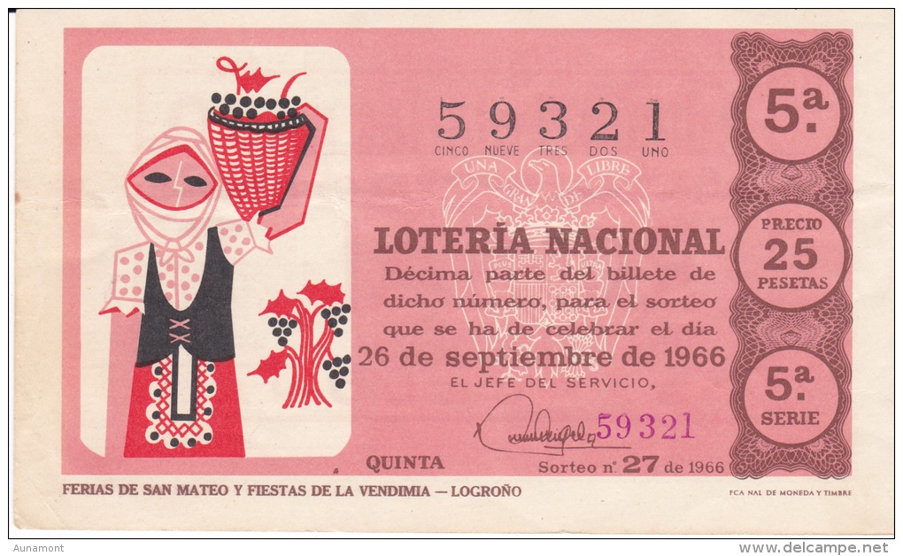 Billete De 1966 Ferias De San Mateo Y Fiestas De La Vendimia - Biglietti Della Lotteria