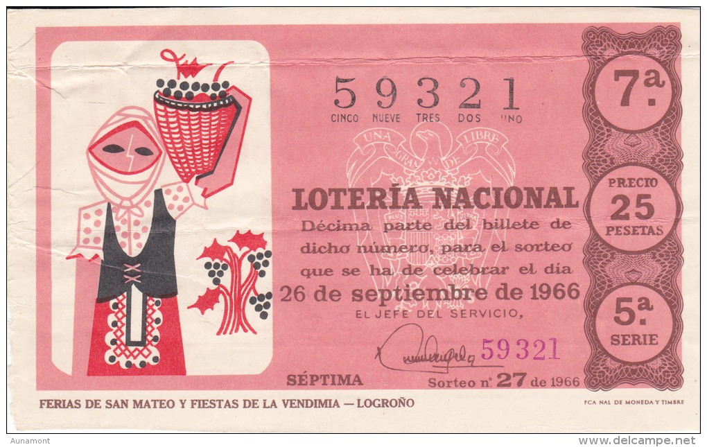 Billete De 1966 Ferias De San Mateo Y Fiestas De La Vendimia - Lottery Tickets