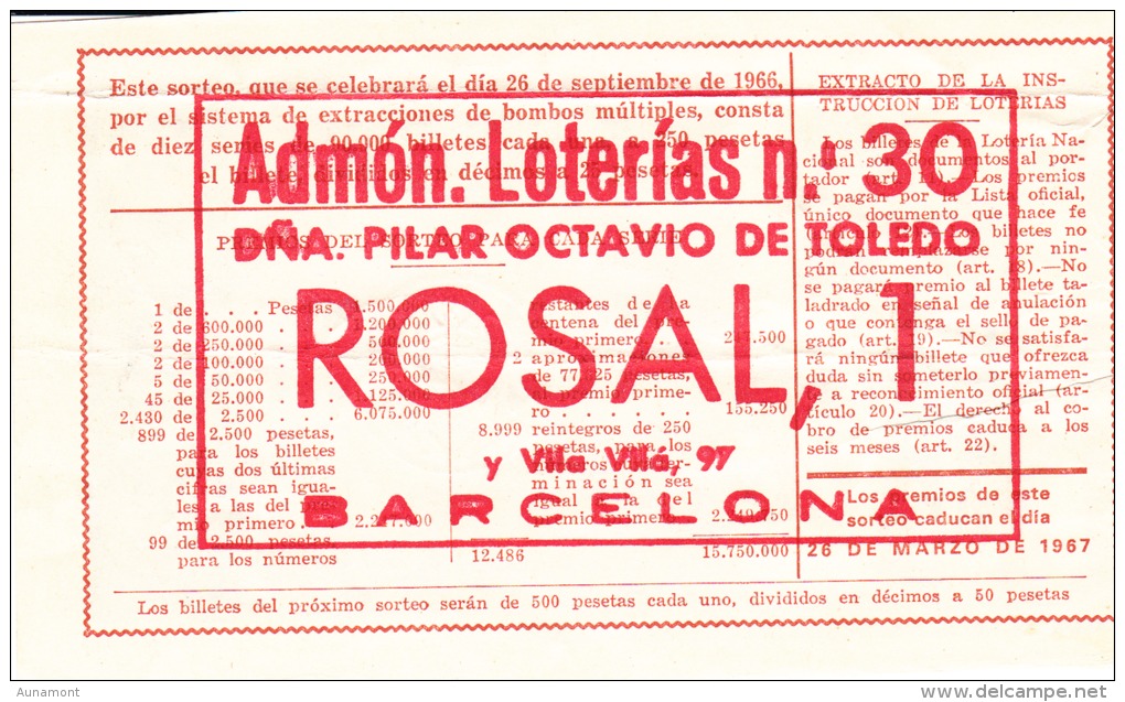 Billete De 1966 Ferias De San Mateo Y Fiestas De La Vendimia - Billetes De Lotería