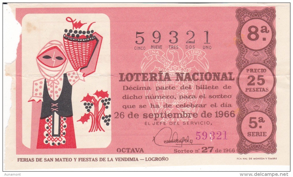 Billete De 1966 Ferias De San Mateo Y Fiestas De La Vendimia - Billetes De Lotería