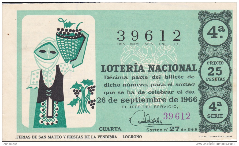 Billete De 1966 Ferias De San Mateo Y Fiestas De La Vendimia - Billetes De Lotería