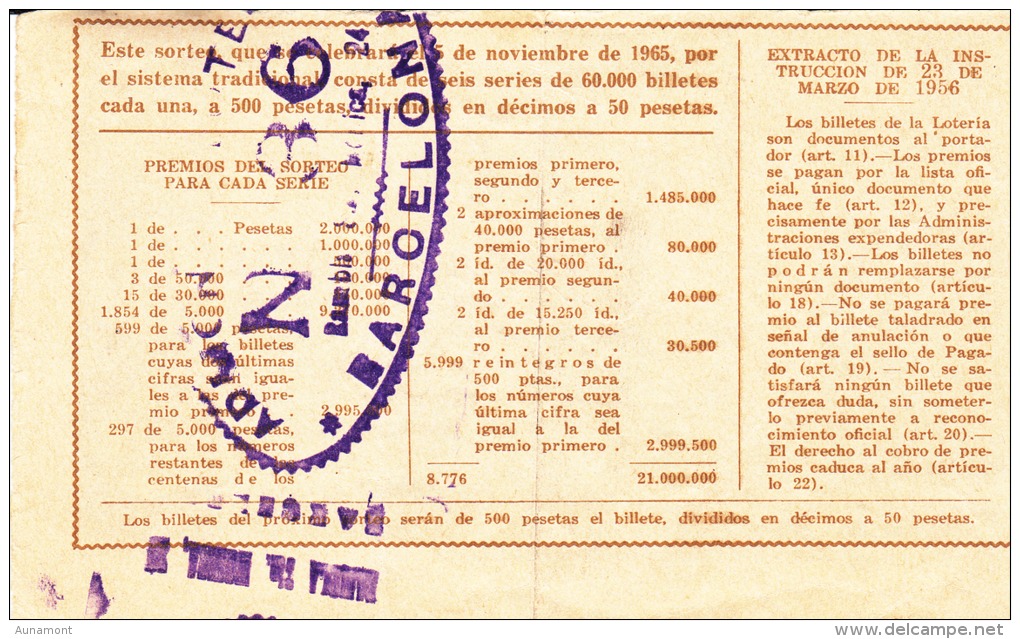 Billete De 1965 Lugares Colombinos-Castillo De Hernan Peraza-La Gomera - Billetes De Lotería