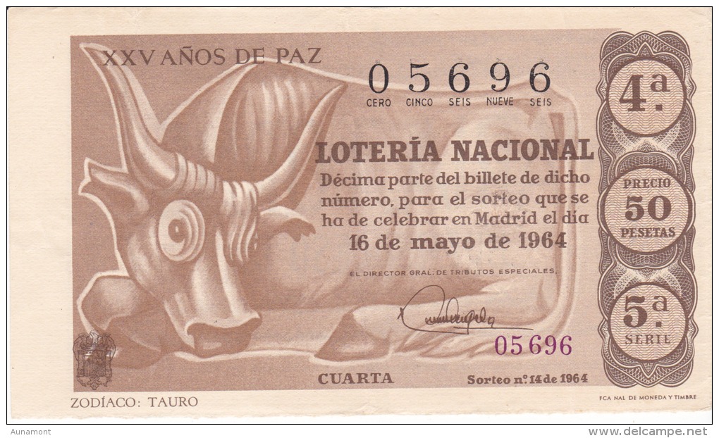 Billete De 1964  Zodiaco -Tauro - Billetes De Lotería