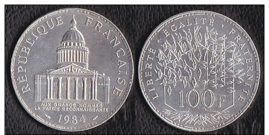 SUPERBE---PIECE 100 FRANCS ARGENT 1984 "Pantheon"---ETAT : SUP//SPL - Autres & Non Classés