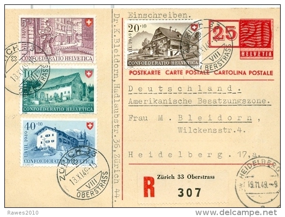 Schweiz Zürich TGST 1949 Mi. 525 + 528 Bundesfeier R-Ganzsachenpostkarte - Briefe U. Dokumente