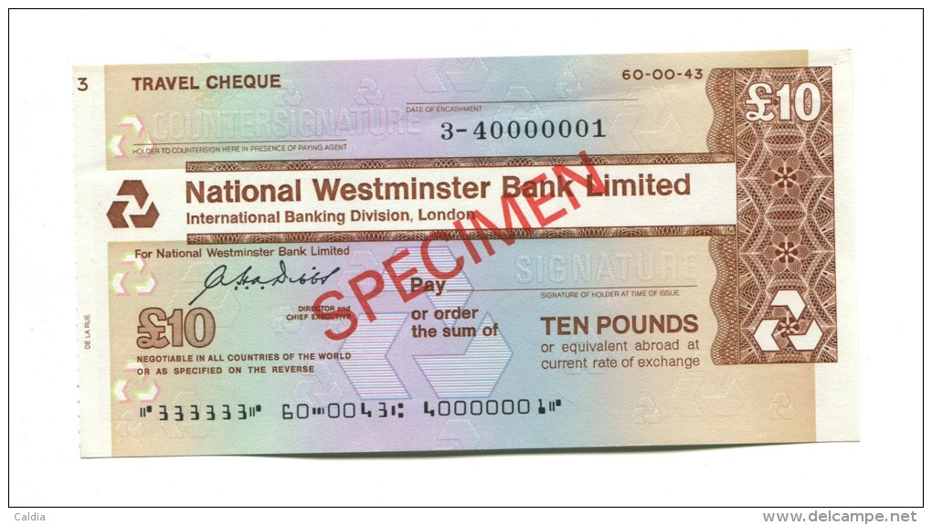 Grande-Bretagne Great Britain 10 Pounds ""CHEQUE De VOYAGE " TRAVELLERS CHEQUE "" SPECIMEN National Westminster Bank - Altri & Non Classificati