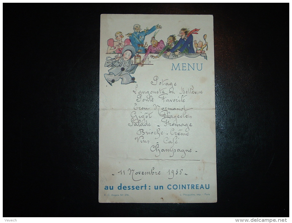 MENU ILLUSTREE PIERROT UN COINTREAU 11 NOVEMBRE 1935 MR GOEFFROY - TAMBOUR - Menus