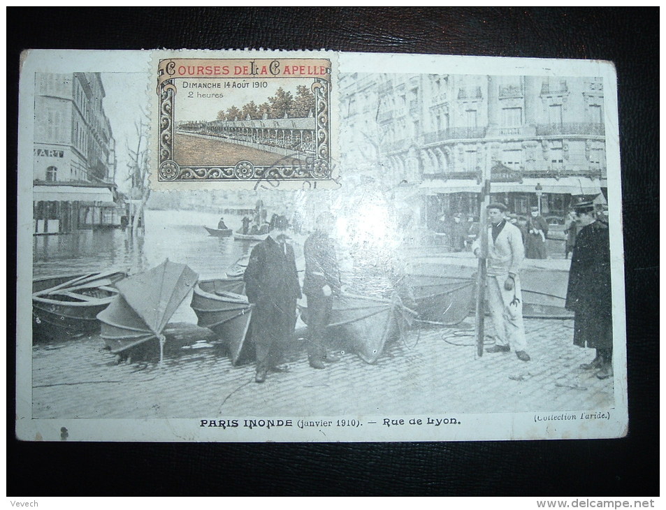 CP PARIS INONDE JANVIER 1910 + VIGNETTES COURSES DE LA CAPELLE ET EXPOSITION NATINALE SUISSE - Autres & Non Classés