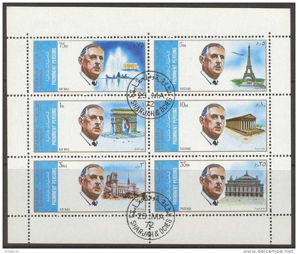 Sharjah 1972 De Gaulle Architecture Sheet Of 6 Obliteries/used - De Gaulle (General)