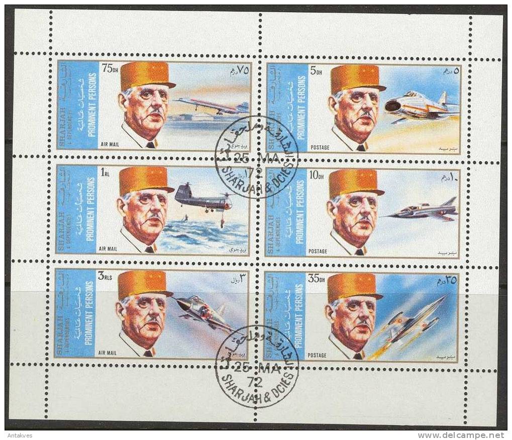 Sharjah 1972 De Gaulle Aviation Sheet Of 6 Obliteries/used - De Gaulle (General)