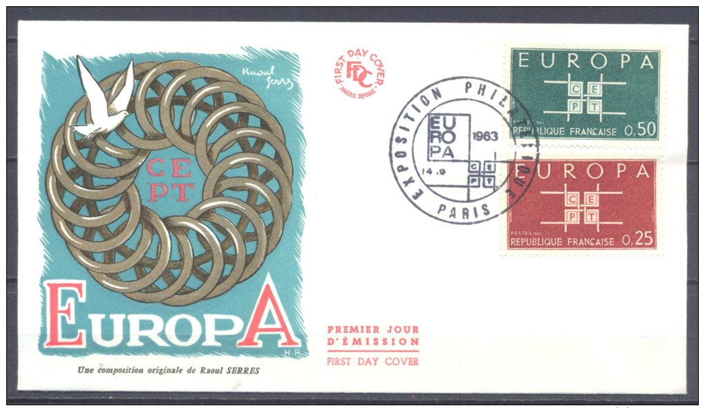 Europa 1963 France FDC Enveloppe Premier Jour YT N°1396/1397 (Exposition Philatélique Paris) - 1963