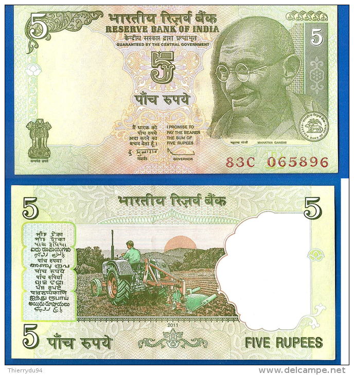 Inde 5 Roupies 2011 Lettre R NEUF UNC India Rupees Gandhi Tracteur Asie Paypal Skrill OK - Inde