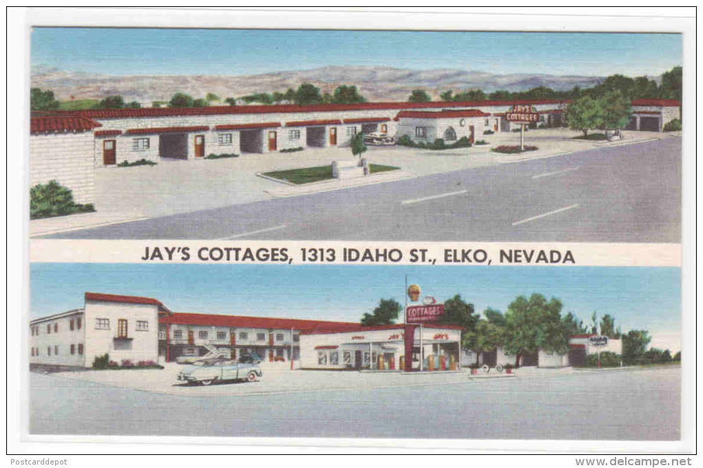 Jay's Cottages Motel Gas Station Pumps Elko Nevada Linen Postcard - Otros & Sin Clasificación