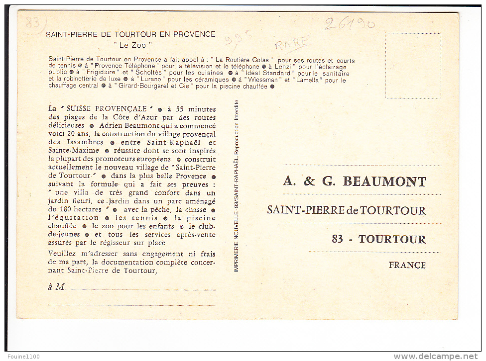 Carte ( Format 15 X 10,5 Cm )  Saint Pierre De Tourtour En Provence Le Zoo  ( Pub Au Dos )  ( Recto Verso ) - Autres & Non Classés